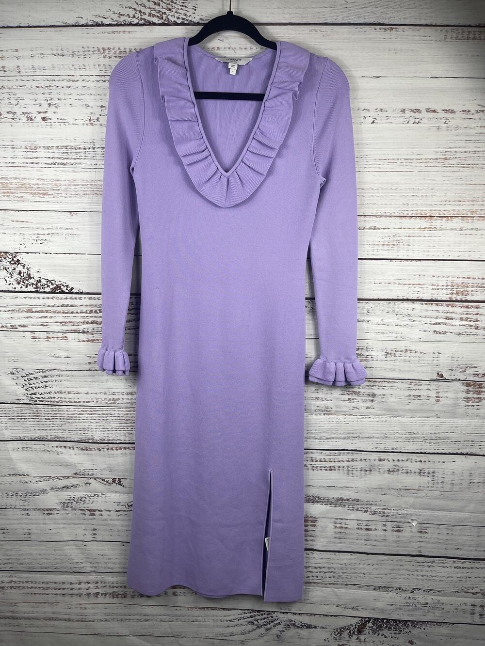 LK Bennett Dress Women's Small Lavender Dr Grace Ruffle V-Neck Long Sleeve Midi